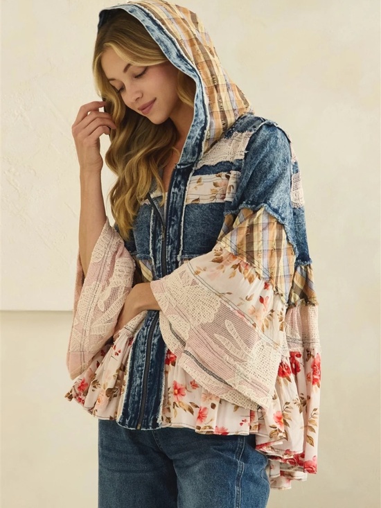 Oli & Hali Tops - Oli & Hali Floral Plaid Print Mineral Wash Denim Loose Fit Hoodie jacket Shacket